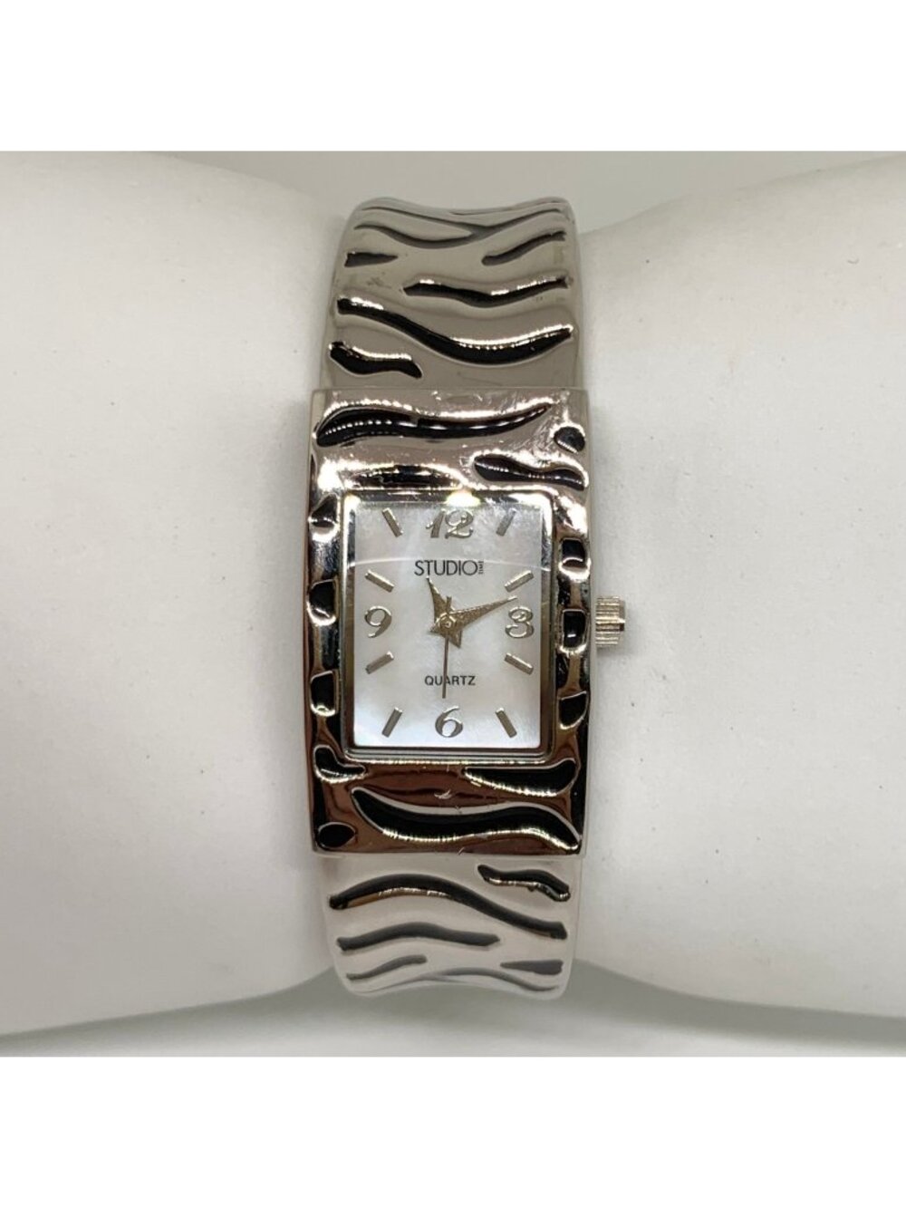 Studio women’s silver tone zebra style cuff bracelet watch quartz 20mm running